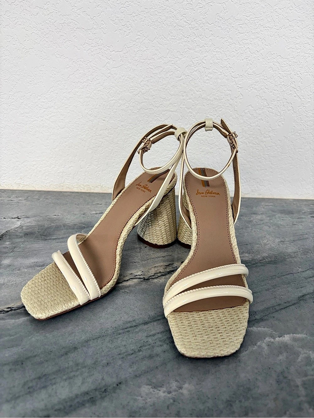 Sam Edelman Kia Block Heel Sandal Cream Woven Heels - Like New
